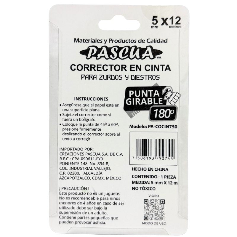 CORRECTOR CINTA PUNTA GIRABLE 180 1 PZ PASCUA MNK