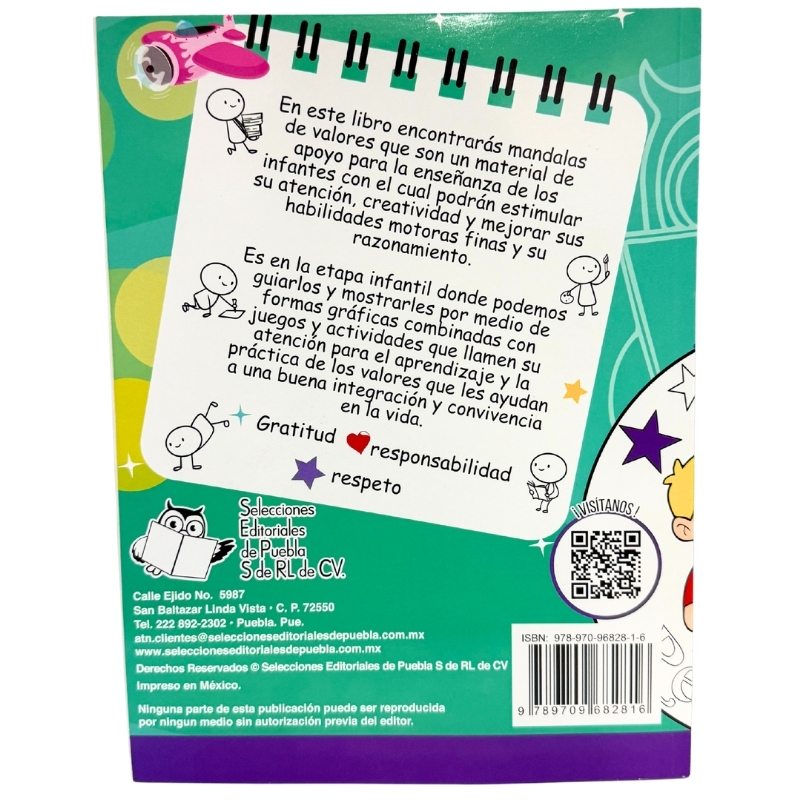 LIBRO ILUMINAR MANDALAS INFANTILES VALORES EDITORIAL PUEBLA MNK