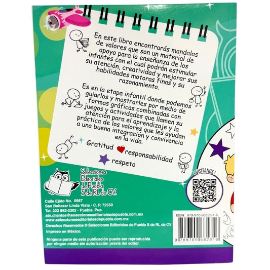 LIBRO ILUMINAR MANDALAS INFANTILES VALORES EDITORIAL PUEBLA MNK
