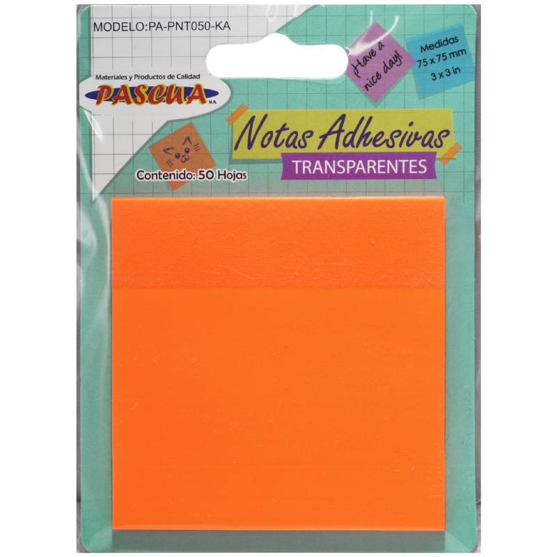 NOTAS ADHESIVAS TRANSPARENTE NARANJA 3X3 50 HJ PASCUA