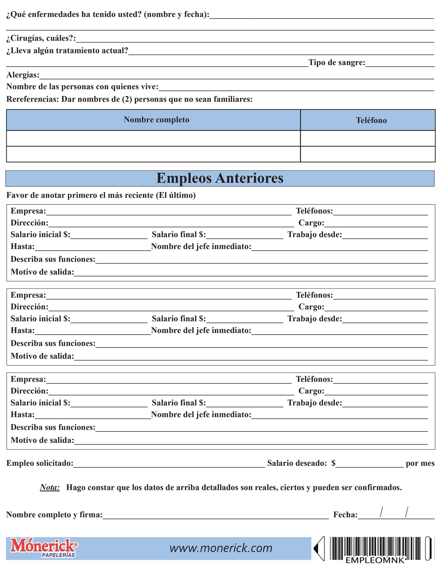 SOLICITUD DE EMPLEO MONERICK