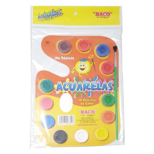 ACUARELA PINCEL CARTON 12 PASTILLAS BACO MNK