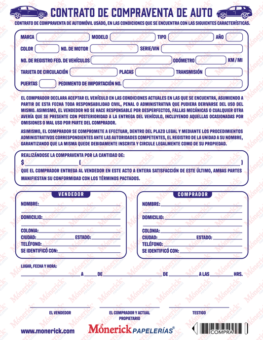 CONTRATO COMPRA/VENTA AUTO MONERICK