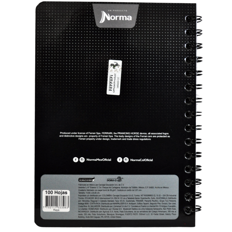 CUADERNO FRANCES DOBLE ARGOLLA  FERRARI 100 HJ RAYA NORMA MNK