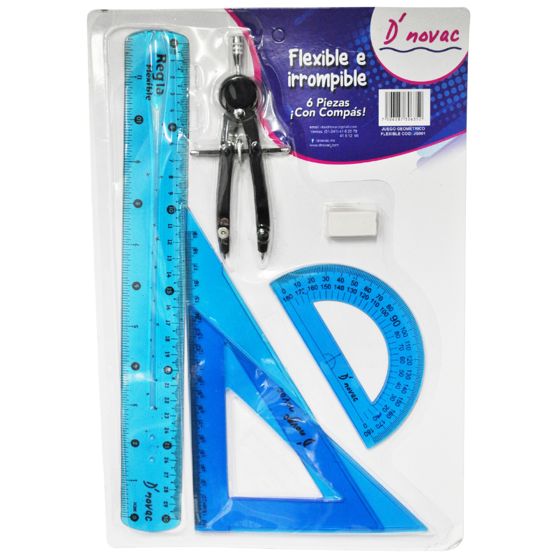 JUEGO GEOMETRIA FLEXIBLE IRROMPIBLE C/COMPAS PRECISION NOVAC MNK