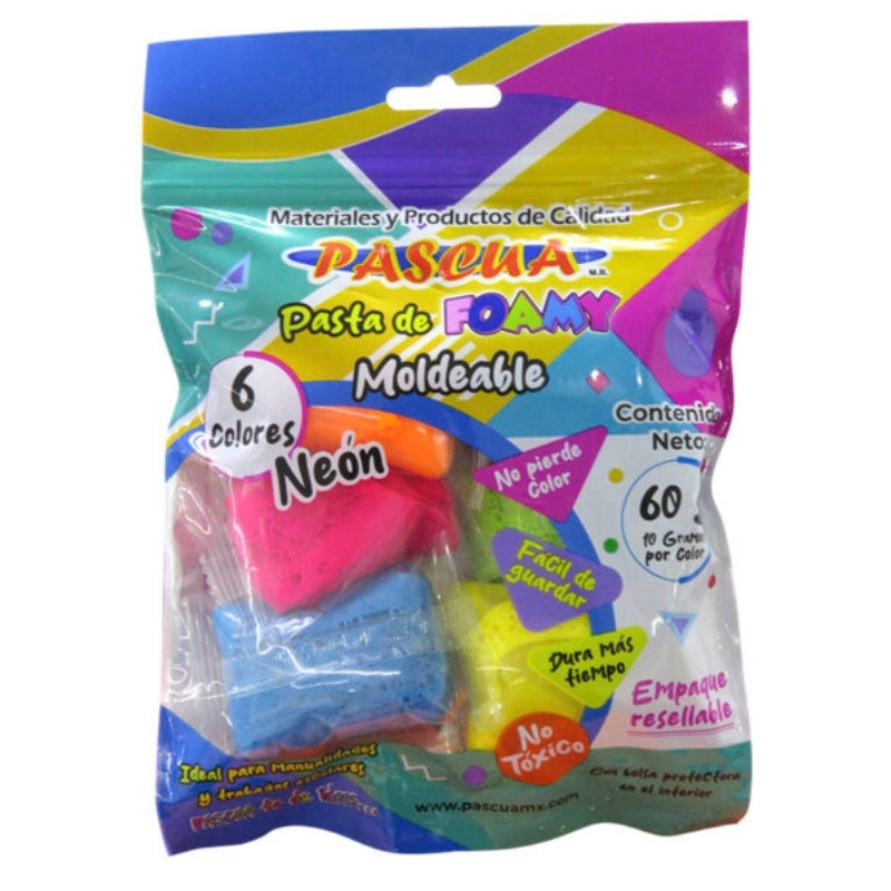 FOAMY MOLDEABLE 60 GM 6 COLORES NEON PASCUA