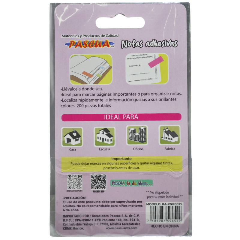 NOTAS ADHESIVAS SEÑALADORES TRANSPARENTE 200 PZS PASCUA