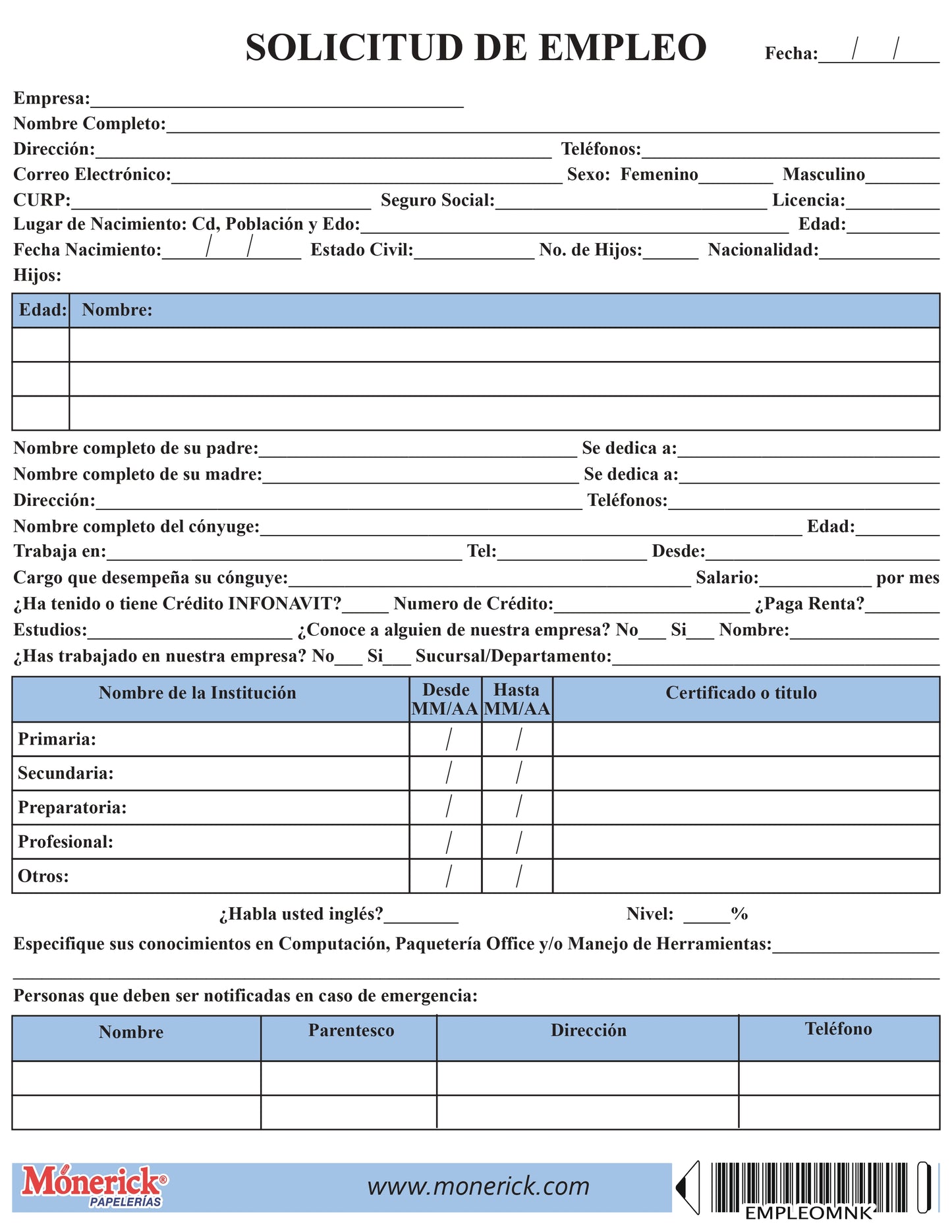 SOLICITUD DE EMPLEO MONERICK