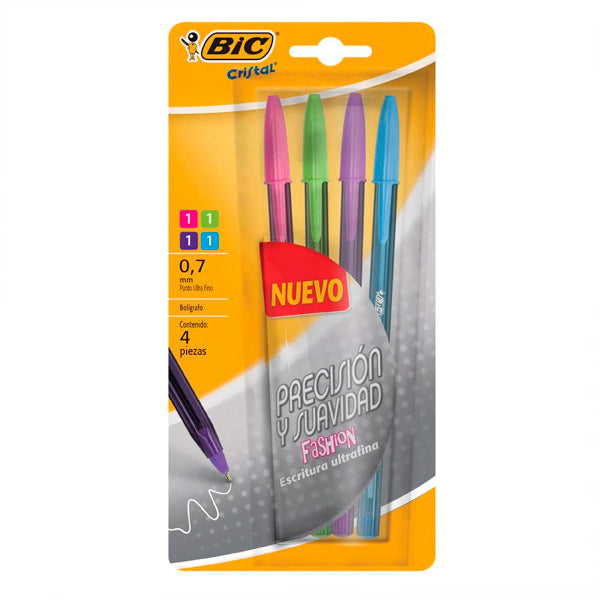 PLUMA CRISTAL ULTRAFINO 4 COLORES FASHION BIC