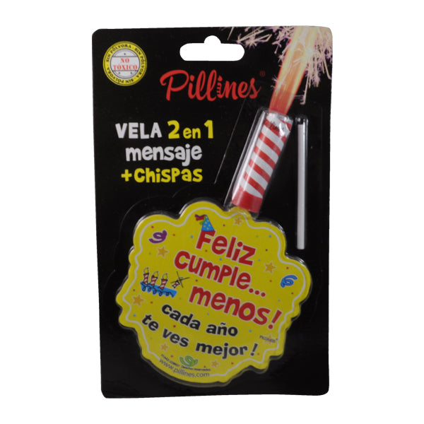 VELA PASTEL PILLINES 2 EN 1 MENSAJE + CHISPAS LA COLMENA