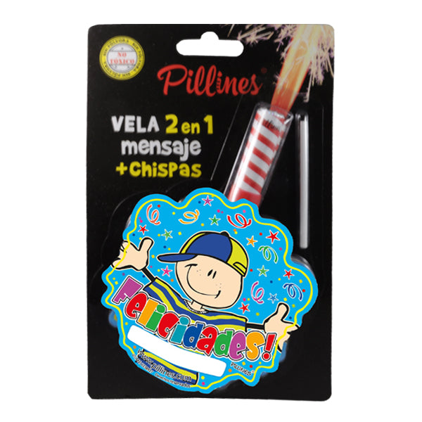 VELA PASTEL PILLINES 2 EN 1 MENSAJE + CHISPAS LA COLMENA