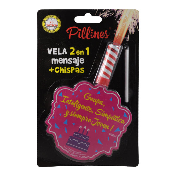 VELA PASTEL PILLINES 2 EN 1 MENSAJE + CHISPAS LA COLMENA