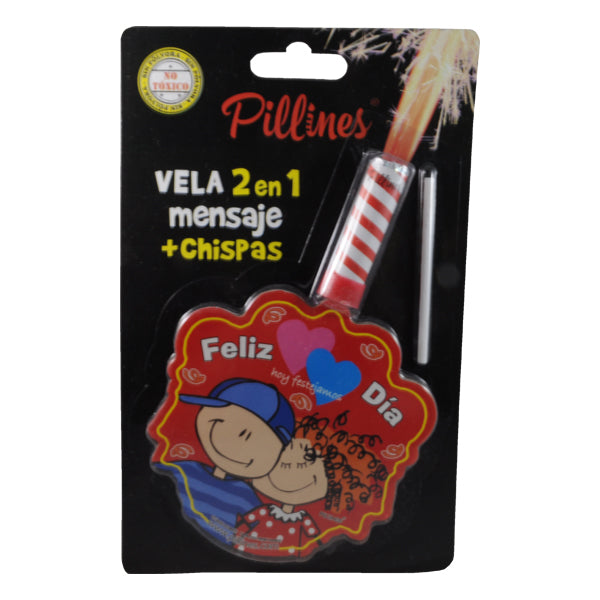 VELA PASTEL PILLINES 2 EN 1 MENSAJE + CHISPAS LA COLMENA