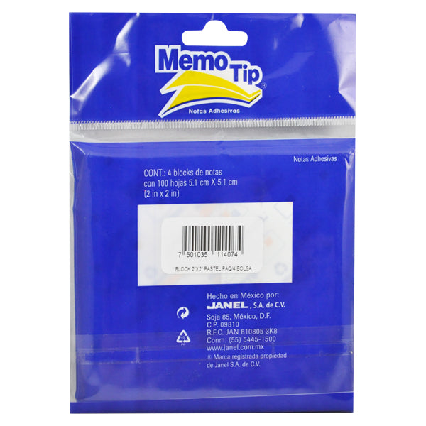 NOTAS ADHESIVAS MEMO TIP PASTEL 2X2 4 PZ JANEL