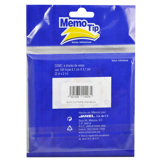 NOTAS ADHESIVAS MEMO TIP PASTEL 2X2 4 PZ JANEL