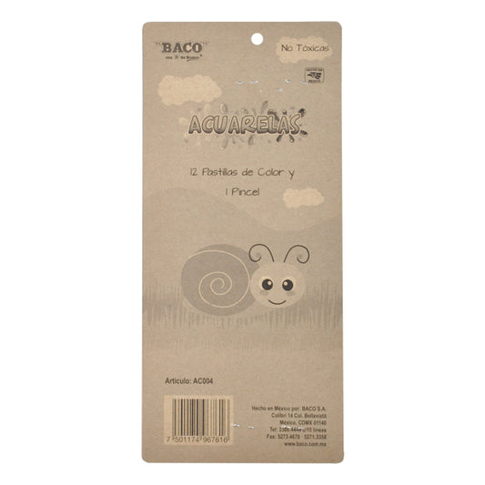 BLISTER ACUARELA PINCEL 12 PASTILLAS BACO MNK