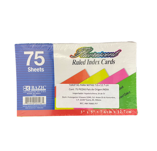 TARJETA INDEX 3X5 COLORES NEON 75 HJ 596 BAZIC